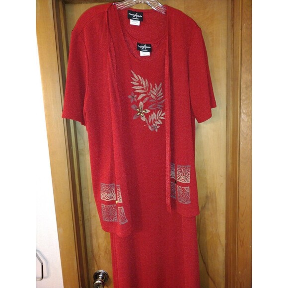 Positive Attitude Womens Size 16 Red Two Piece Jacket Long Dress Floral Açcent - Picture 7 of 14
